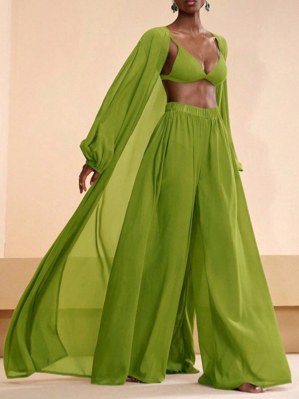 Limelight Green Casual Women's Shirt and Pants Coverup Set